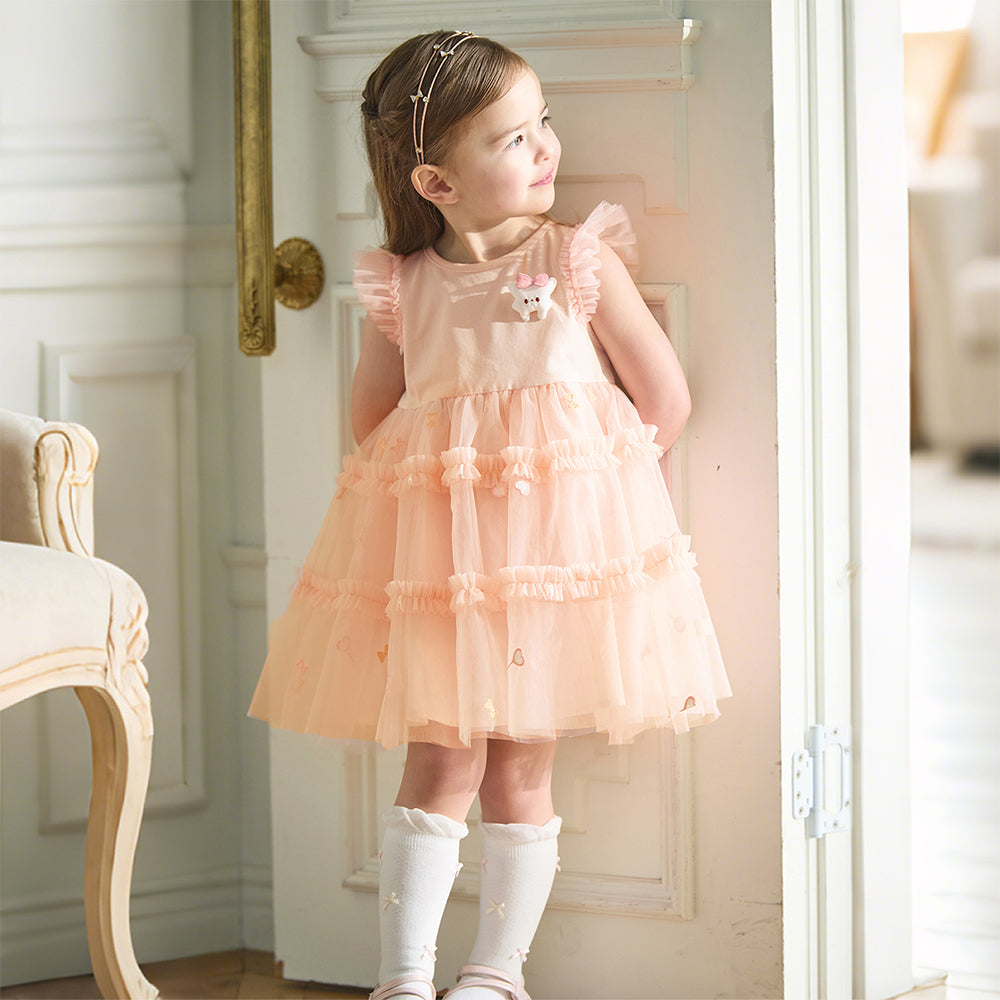 Dave&Bella Summer Toddler Girls Charming Pink Flutter Sleeve Soft Mesh Princess Dress