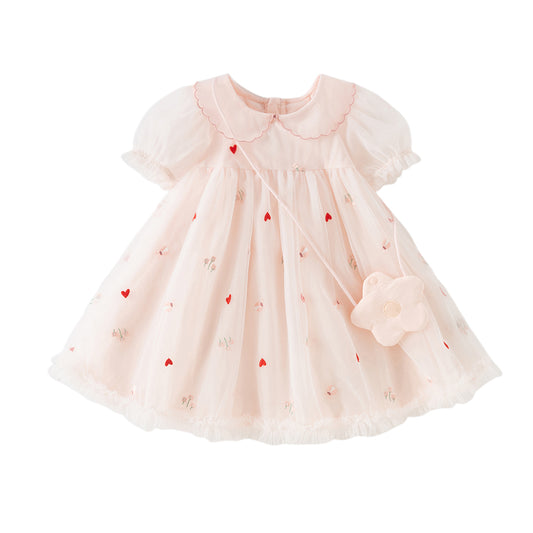 Dave&Bella Toddler Girls Summer Cute Pink Love Print Lightweight Mesh Dress(wallet bag)