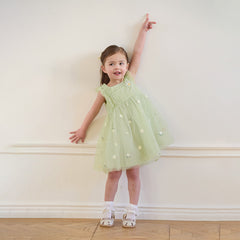 Dave&Bella Summer Toddler Girls Green Flower Embroidery Mesh Spaghetti Strap Dress