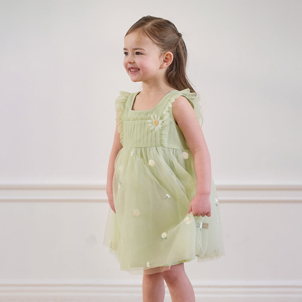 Dave&Bella Summer Toddler Girls Green Flower Embroidery Mesh Spaghetti Strap Dress