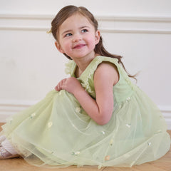 Dave&Bella Summer Toddler Girls Green Flower Embroidery Mesh Spaghetti Strap Dress