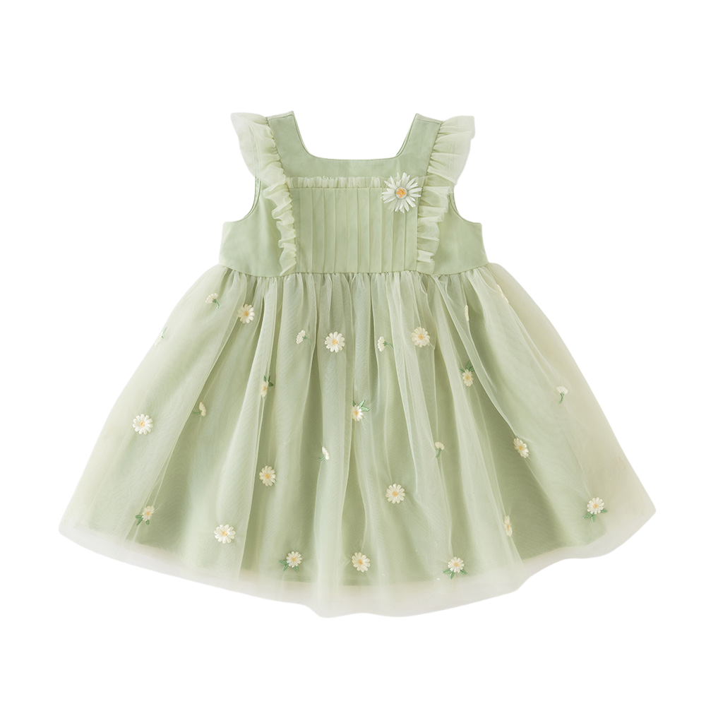 Dave&Bella Summer Toddler Girls Green Flower Embroidery Mesh Spaghetti Strap Dress