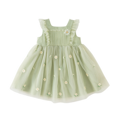Dave&Bella Summer Toddler Girls Green Flower Embroidery Mesh Spaghetti Strap Dress