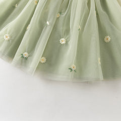 Dave&Bella Summer Toddler Girls Green Flower Embroidery Mesh Spaghetti Strap Dress