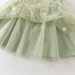 Dave&Bella Summer Toddler Girls Green Flower Embroidery Mesh Spaghetti Strap Dress