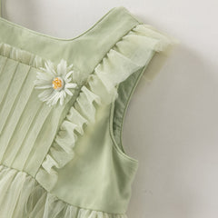 Dave&Bella Summer Toddler Girls Green Flower Embroidery Mesh Spaghetti Strap Dress