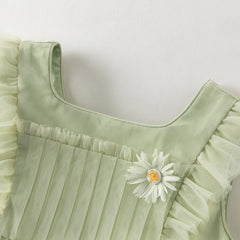 Dave&Bella Summer Toddler Girls Green Flower Embroidery Mesh Spaghetti Strap Dress