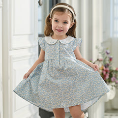 Dave&Bella Toddler Girls Summer Grey Blue Floral Flutter Sleeve Cotton Soft Daily Dress