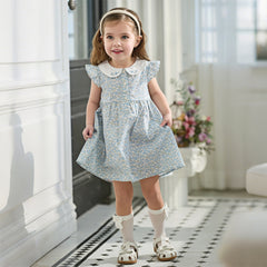 Dave&Bella Toddler Girls Summer Grey Blue Floral Flutter Sleeve Cotton Soft Daily Dress