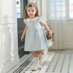 Dave&Bella Toddler Girls Summer Grey Blue Floral Flutter Sleeve Cotton Soft Daily Dress