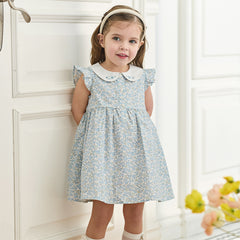 Dave&Bella Toddler Girls Summer Grey Blue Floral Flutter Sleeve Cotton Soft Daily Dress