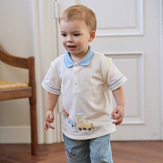 Dave&Bella Toddler Boys Summer Casual White College-style Car Print Polos