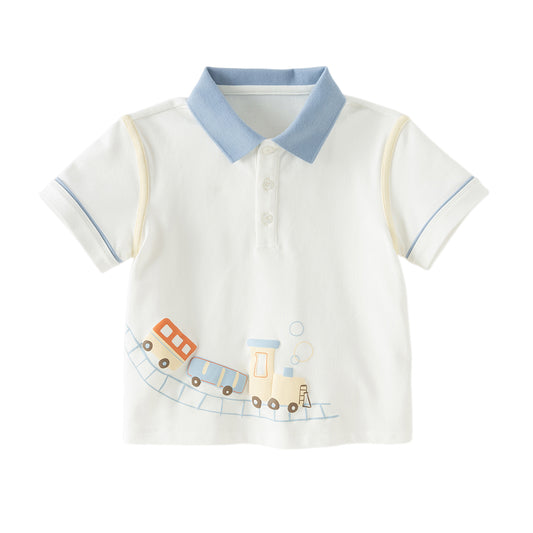 Dave&Bella Toddler Boys Summer Casual White College-style Car Print Polos