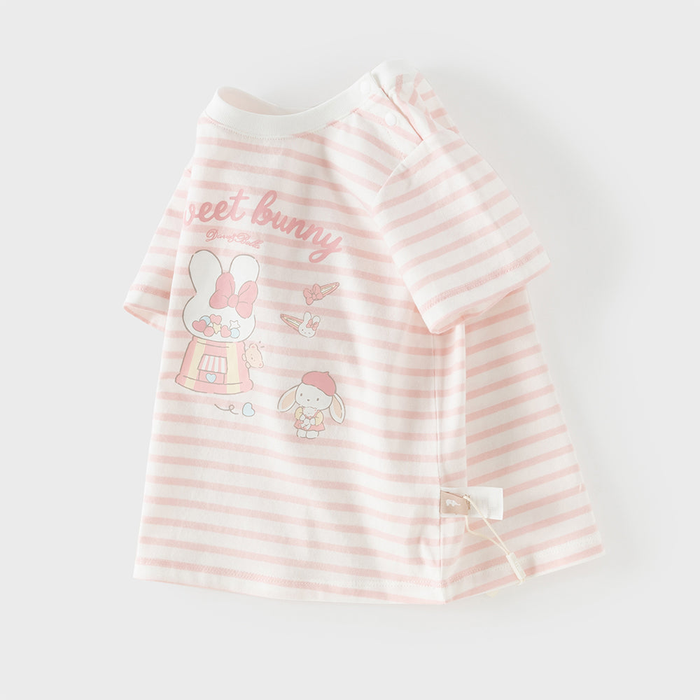 Dave&Bella Toddler Girls Summer Adorable Pink Striped Rabbit Print Cotton Casual T-shirts