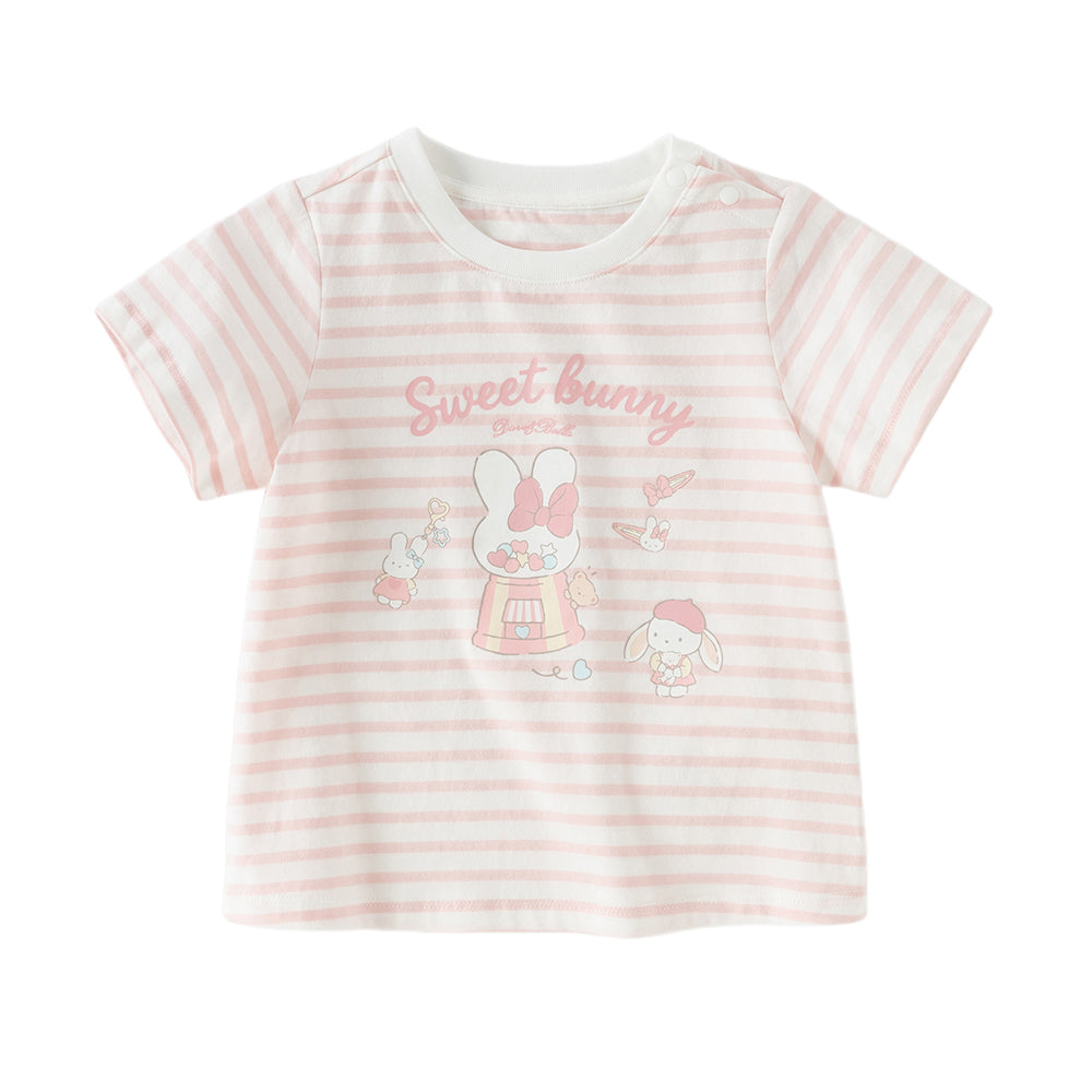 Dave&Bella Toddler Girls Summer Adorable Pink Striped Rabbit Print Cotton Casual T-shirts