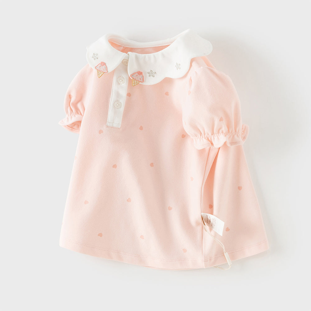 Dave&Bella Toddler Girls Summer Pink/Beige Print Soft College-style Comfortable Polos