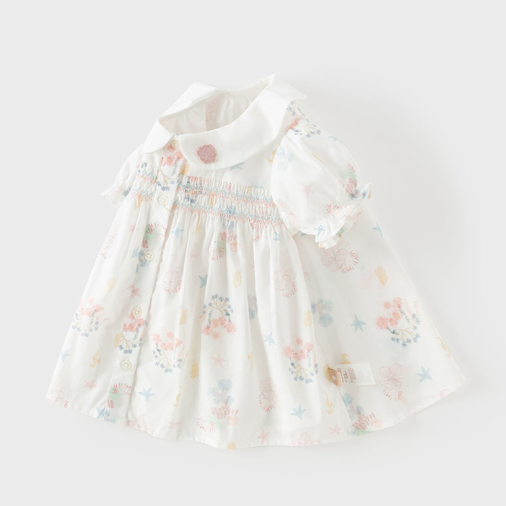 Dave&Bella Summer Toddler Girls Cute Sea World Print White Doll Collar Soft Cotton Shirts
