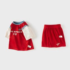 Dave&Bella Summer Toddler Boys Summer Red/Light Blue Lightweight Soccer Outfit Sets