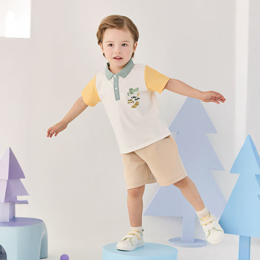 Dave&Bella Summer Toddler Boys Casual White Polo Collar Stretchable Top Shorts Sets