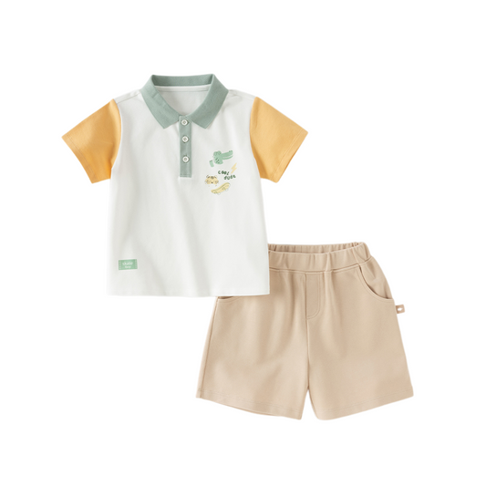 Dave&Bella Summer Toddler Boys Casual White Polo Collar Stretchable Top Shorts Sets