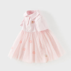 Dave&Bella Summer Toddler Girls Sweet Pink Polo Collar College-style Mesh Princess Dress
