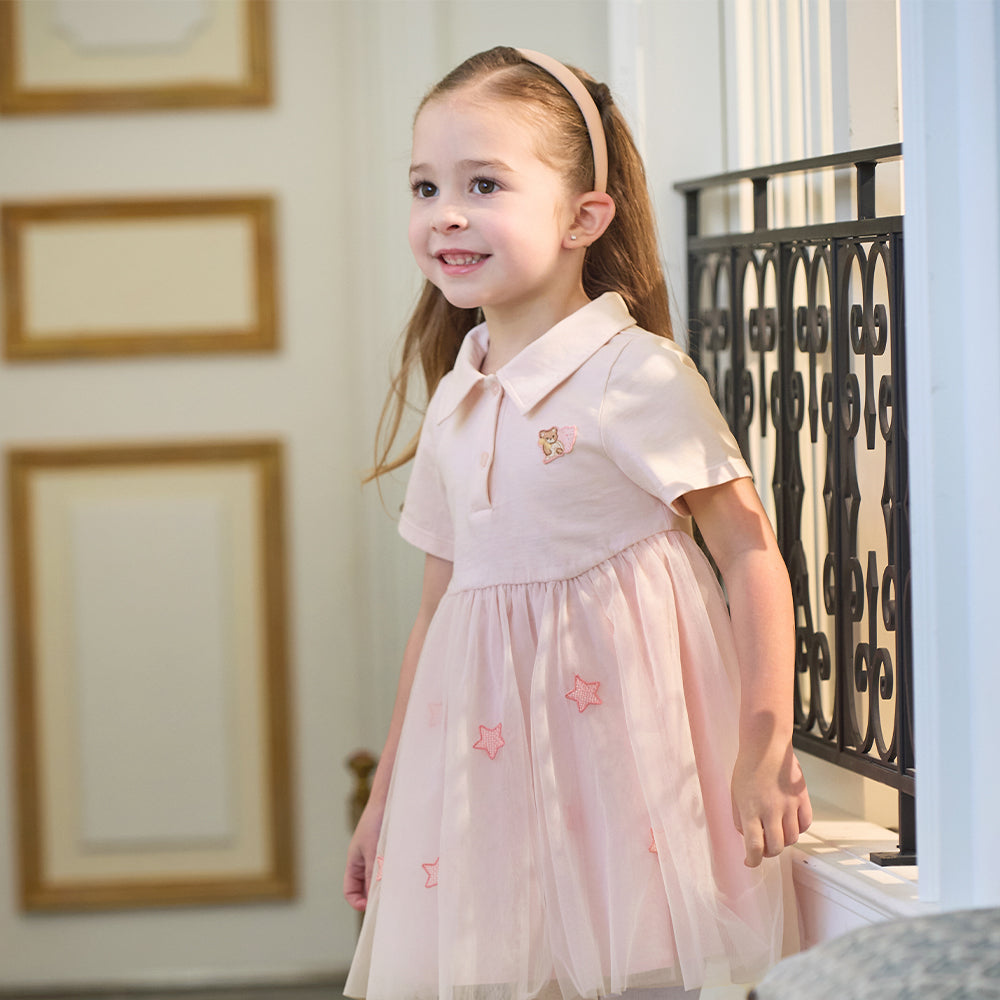 Dave&Bella Summer Toddler Girls Sweet Pink Polo Collar College-style Mesh Princess Dress