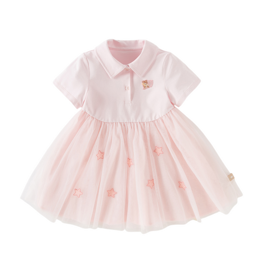 Dave&Bella Summer Toddler Girls Sweet Pink Polo Collar College-style Mesh Princess Dress