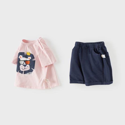 Dave&Bella Summer Toddler Boys Grey Pink Short Sleeve Soft Daily Top Shorts Sets