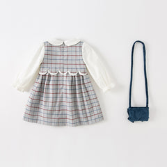 Dave&Bella Toddler Girls Autumn Casual Red Grey Plaid A-line Dress(wallet bag)