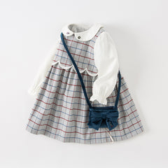 Dave&Bella Toddler Girls Autumn Casual Red Grey Plaid A-line Dress(wallet bag)