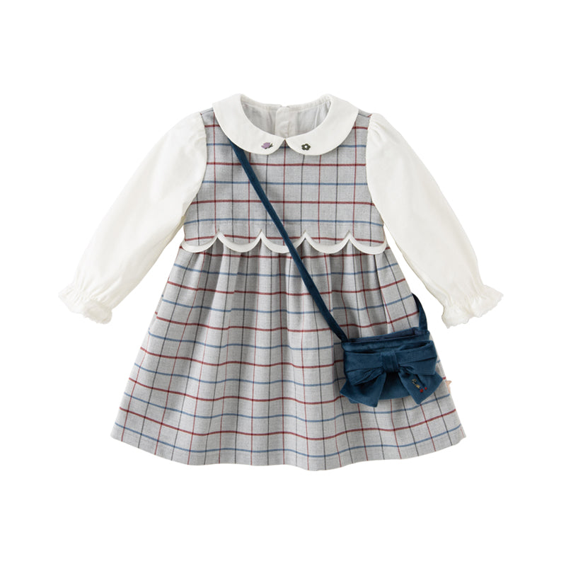 Dave&Bella Toddler Girls Autumn Casual Red Grey Plaid A-line Dress(wallet bag)