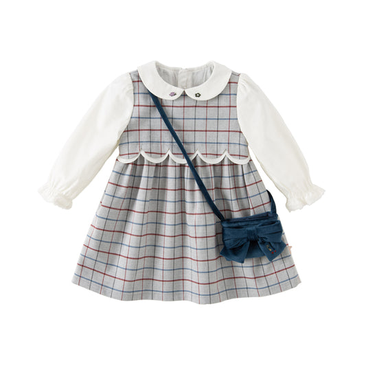 Dave&Bella Toddler Girls Autumn Casual Red Grey Plaid A-line Dress(wallet bag)
