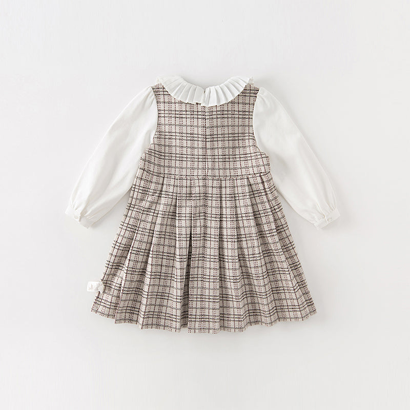 Dave&Bella Toddler Girls Khaki Plaid Long Sleeve College-style A-line Dress