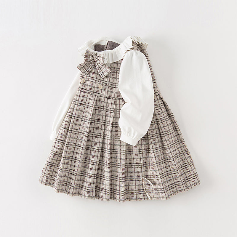 Dave&Bella Toddler Girls Khaki Plaid Long Sleeve College-style A-line Dress