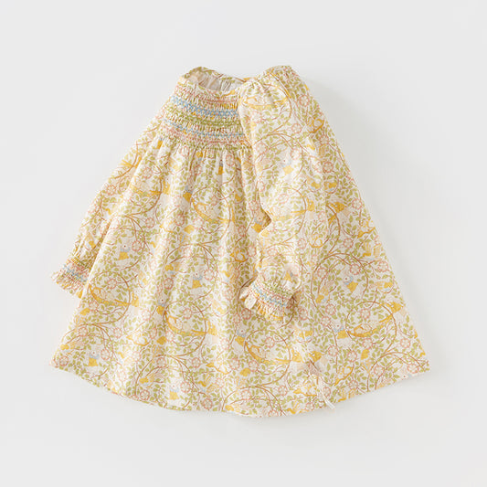 Dave&Bella Toddler Girls Autumn Beige Floral Print Cotton Princess Dress