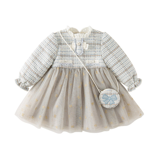 Dave&Bella Toddler Girls Autumn Light Blue Versatile Mesh Princess Dress(wallet bag）