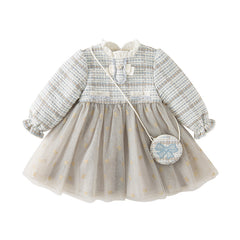 Dave&Bella Toddler Girls Autumn Light Blue Versatile Mesh Princess Dress(wallet bag）