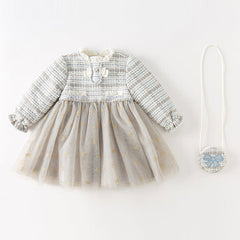 Dave&Bella Toddler Girls Autumn Light Blue Versatile Mesh Princess Dress(wallet bag）