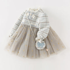 Dave&Bella Toddler Girls Autumn Light Blue Versatile Mesh Princess Dress(wallet bag）