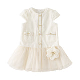 Dave&Bella Toddler Girls Beige Noble Cute Short-sleeved A-line Mesh Dress (wallet bag)
