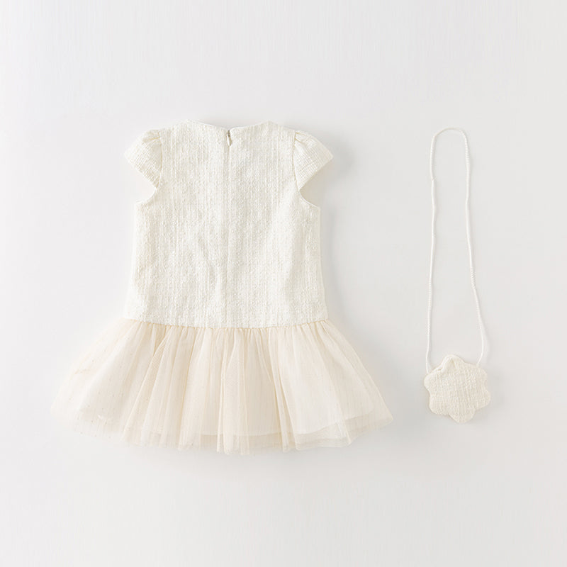 Dave&Bella Toddler Girls Beige Noble Cute Short-sleeved A-line Mesh Dress (wallet bag)