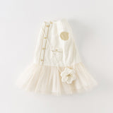 Dave&Bella Toddler Girls Beige Noble Cute Short-sleeved A-line Mesh Dress (wallet bag)