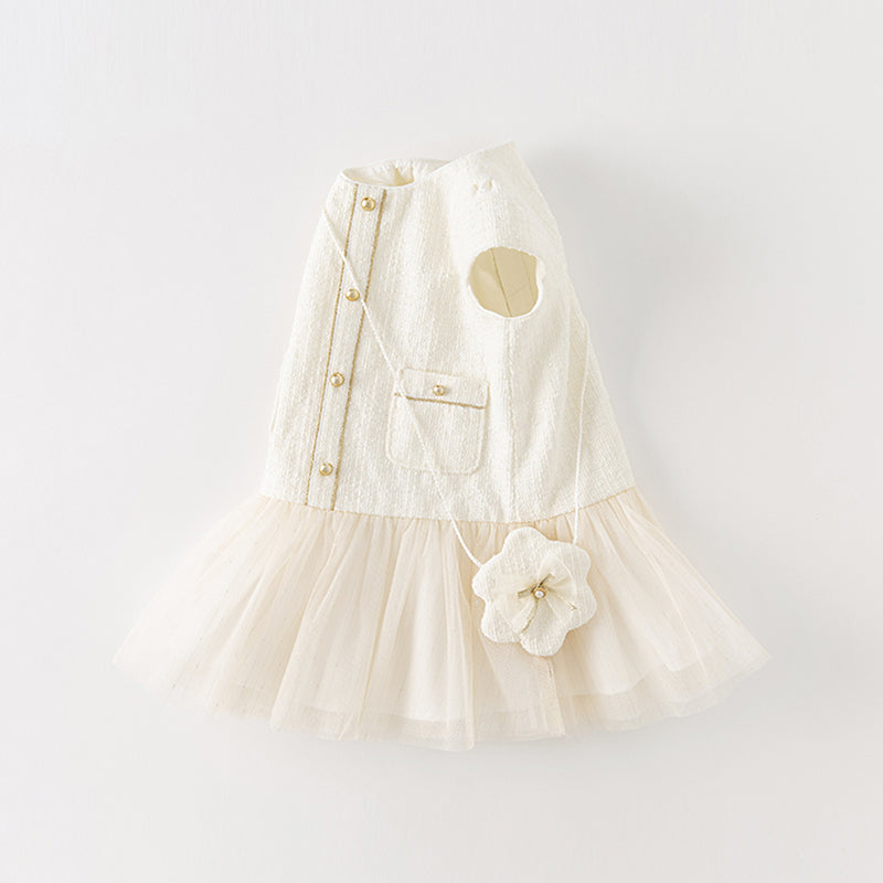 Dave&Bella Toddler Girls Beige Noble Cute Short-sleeved A-line Mesh Dress (wallet bag)