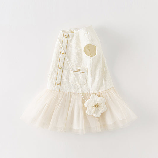 Dave&Bella Toddler Girls Autumn Beige Noble Cute A-line Mesh Dress (wallet bag)