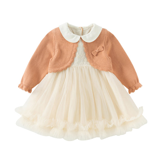 Dave&Bella Toddler Girls Autumn Charming Orange Pink Knit Sweater Mesh A-line Dress