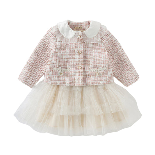 Dave&Bella Toddler Girls Autumn Elegance Light Pink Coat  A-line Mesh Dress Set