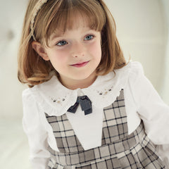 Dave&Bella Toddler Girls Autumn Breathable Cotton Grey White Plaid Party Dress