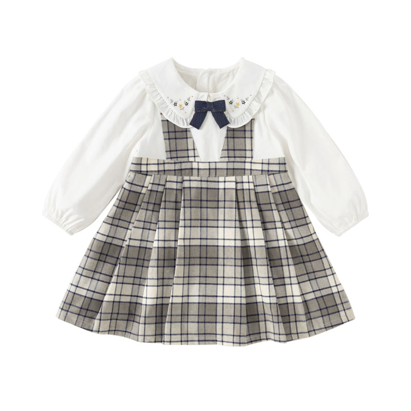 Dave&Bella Toddler Girls Autumn Breathable Cotton Grey White Plaid Party Dress