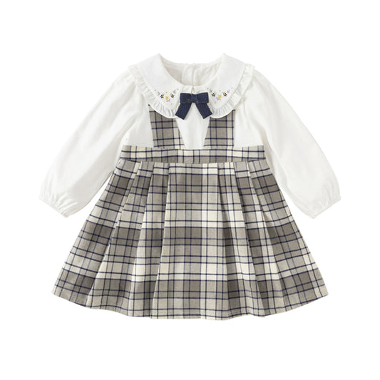 Dave&Bella Toddler Girls Autumn Breathable Cotton Grey White Plaid Party Dress