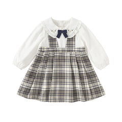 Dave&Bella Toddler Girls Autumn Breathable Cotton Grey White Plaid Party Dress